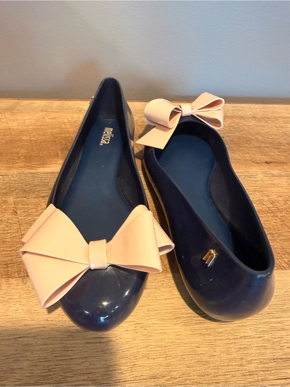 Melissa Navy Flats with Pale Pink Bow Accents